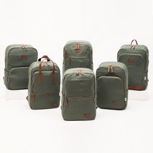 GRS cotton green canvas simple casual computer backpack with leather logo series