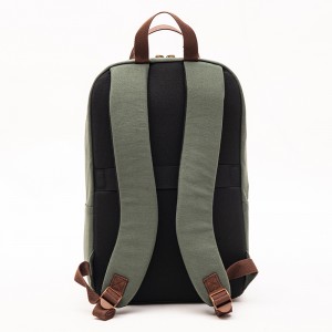 GRS cotton green simple computer backpack canvas casual backpack with leather logo