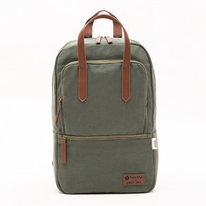 GRS cotton green simple computer backpack canvas casual backpack with leather logo