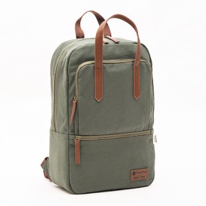 GRS cotton green simple computer backpack canvas casual backpack with leather logo