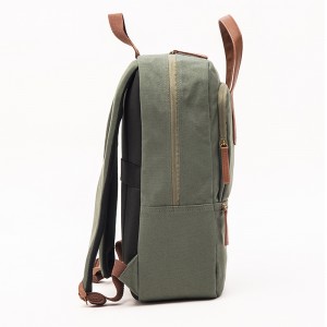 GRS cotton green simple computer backpack canvas casual backpack with leather logo